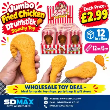 Jumbo fried chicken drumstick squishy toy in golden orange with a bumpy crispy-style texture, retail display box of 12, £2.99 each, SDMAX Toys Wholesaler.
