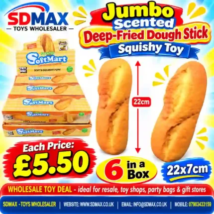 Jumbo scented deep-fried dough stick squishy toy in golden orange, approximately 22cm long, with retail packaging and wholesale display box from SDMAX Toys Wholesaler.
