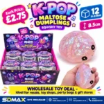 K-Pop Maltose Dumpling Squishy Toy with glitter-style finish and retail display box – SDMAX Toys Wholesaler