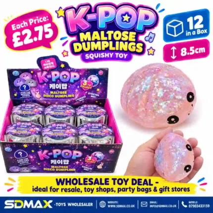 K-Pop Maltose Dumpling Squishy Toy with glitter-style finish and retail display box – SDMAX Toys Wholesaler