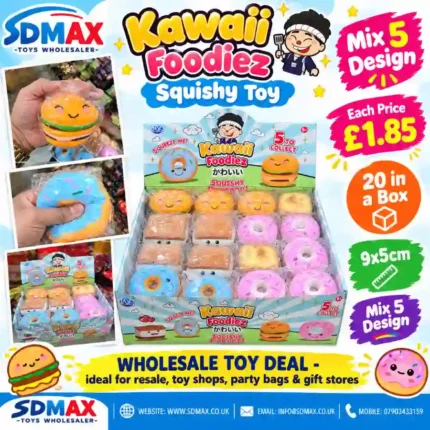 SDMAX Kawaii Foodiez squishy toy wholesale display with 20 individually wrapped food-themed toys, five assorted designs, approximately 9x5cm, £1.85 each.