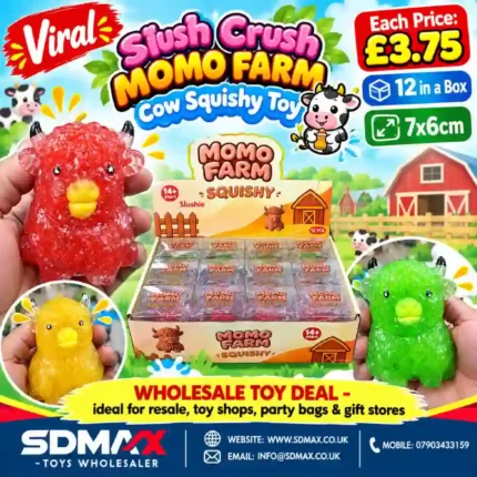 Buy Momo Farm Cow Squishy Toys wholesale from SDMAX Toys Wholesaler. Cute textured cow design, assorted colours and 12-piece display boxes for retailers.