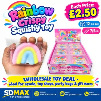 Rainbow Crispy Squishy Toy in pastel pink, yellow and blue, individually wrapped, with wholesale display box of 12 pieces.
