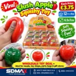 Shop Slush Apple Squishy Toys wholesale at SDMAX. Glittery apple design, 6.5 × 7 cm, 12 pieces per box. Ideal for toy shops and resellers.