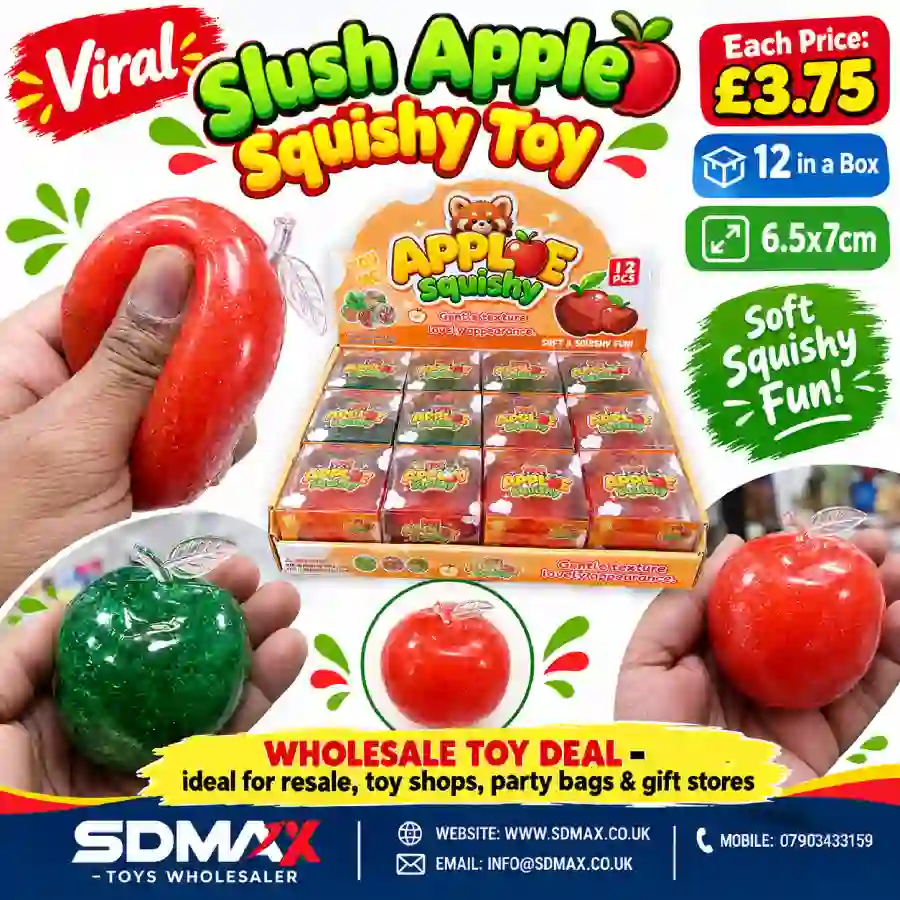 Slush Apple Squishy Toy Wholesale _ SDMAX Toys Shop Slush Apple Squishy Toys wholesale at SDMAX. Glittery apple design, 6.5 ร 7 cm, 12 pieces per box. Ideal for toy shops and resellers.