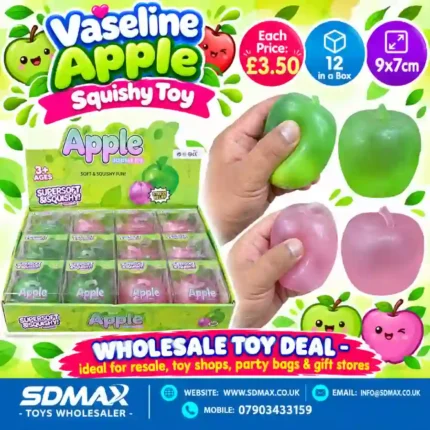 Vaseline Apple Squishy Toys in green and pink, 9 × 7cm, with individual packaging and wholesale display box, £3.50 each and 12 pieces per box – SDMAX Toys Wholesaler.