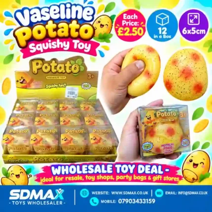 Vaseline Potato Squishy Toy wholesale display with individual product boxes, potato-shaped yellow squishy toy, £2.50 each and 12 pieces per box – SDMAX Toys Wholesaler.