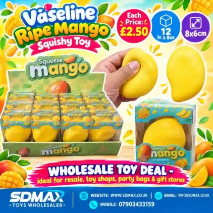 Vaseline Ripe Mango Squishy Toy in bright yellow mango design, shown being squeezed beside its individual retail box and 12-piece wholesale display, £2.50 each from SDMAX Toys Wholesaler.
