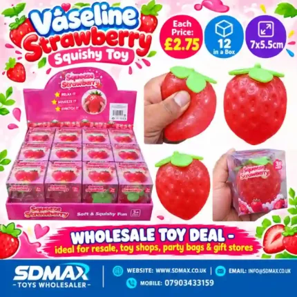 Vaseline Strawberry Squishy Toy in red strawberry design with green leaves, individual retail packaging and 12-piece wholesale display box, priced at £2.75 each by SDMAX Toys Wholesaler.