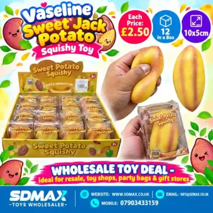 Sweet Potato Squishy Toy wholesale display showing golden-yellow sweet potato-shaped toys, individual packaging, retail display box, £2.50 each and 12 pieces per box – SDMAX Toys Wholesaler.