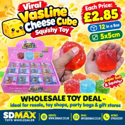 Viral Cheese Cube Squishy Toy – colourful, textured novelty cubes supplied in a 12-piece display box.