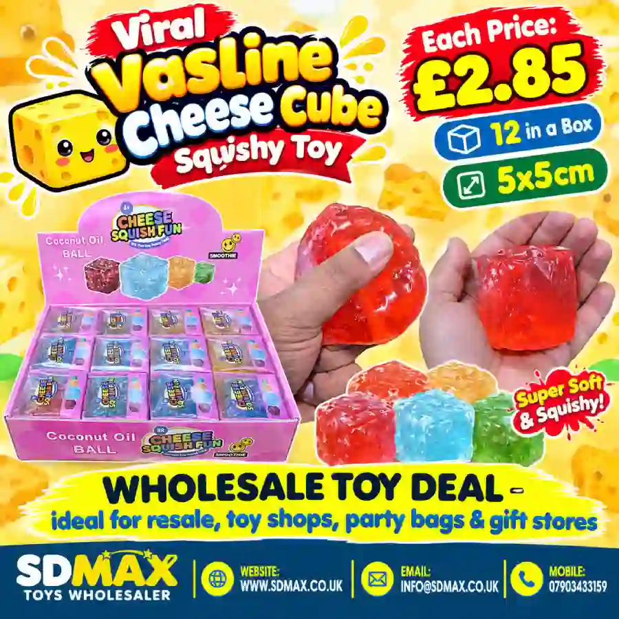 Viral Cheese Cube Squishy Toy Wholesale Viral Cheese Cube Squishy Toy – colourful, textured novelty cubes supplied in a 12-piece display box.