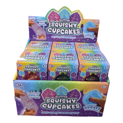 Glitter Squishy Cupcake Sensory Toy – 6cm, 3 Colours, Wholesale Display Box of 12