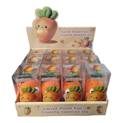 Crunchy Carrot Pinch Fun orange squishy toy with green leaves – SDMAX Toys Wholesaler