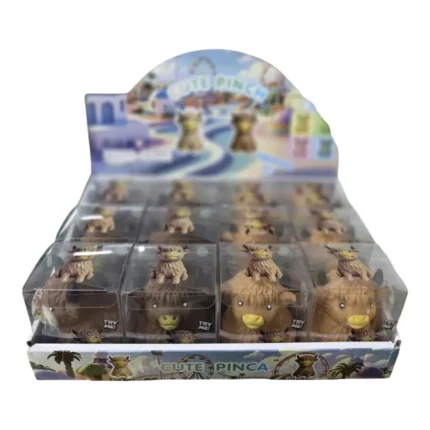 Crunchy Hallow Cow Highland cow squishy toy with shaggy brown texture, yellow muzzle, black horns and 12-piece wholesale display by SDMAX Toys Wholesaler.