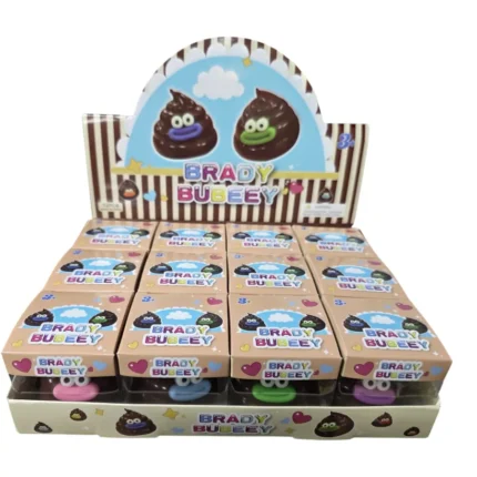 Brady Bubeey brown poop-shaped squishy toy with pink smile, individual packaging and 12-piece wholesale display by SDMAX Toys Wholesaler.
