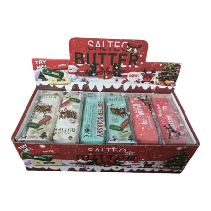 Christmas-themed Salteo butter squishy toy in festive packaging with 12-piece wholesale display box