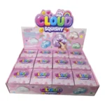 Crunchy Cloud Squishy Toy in pearl white with pink individual packaging and 12-piece wholesale display