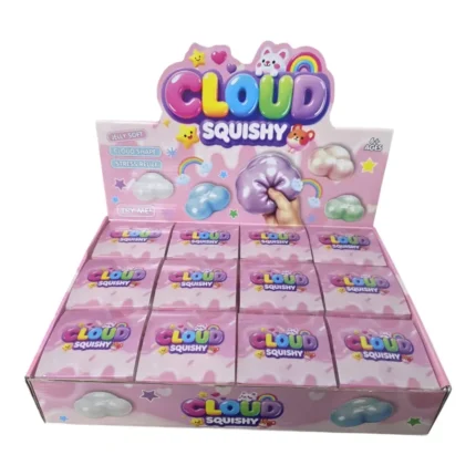 Crunchy Cloud Squishy Toy in pearl white with pink individual packaging and 12-piece wholesale display