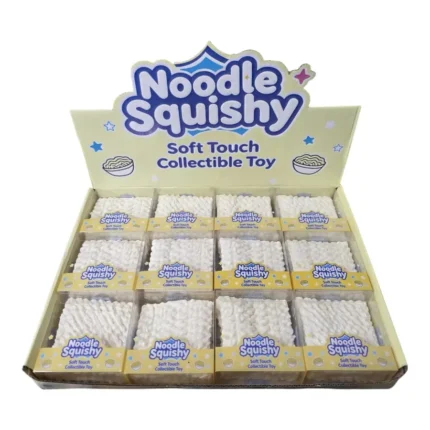 Noodle Squishy Toy, 8×8cm, with a textured white design. Wholesale box of 12 for toy shops, gift stores and resellers. Shop SDMAX Toys Wholesaler.