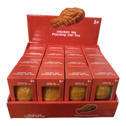 Crunchy orange fried chicken leg squishy toy measuring approximately 9 × 5 cm, displayed in a 12-piece wholesale box by SDMAX Toys Wholesaler.