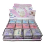 Colourful Crunchy Candy Cube Squishy Toys in pink, purple, yellow, blue and white, approximately 7 × 7 cm, displayed in a 12-piece wholesale box from SDMAX Toys Wholesaler.
