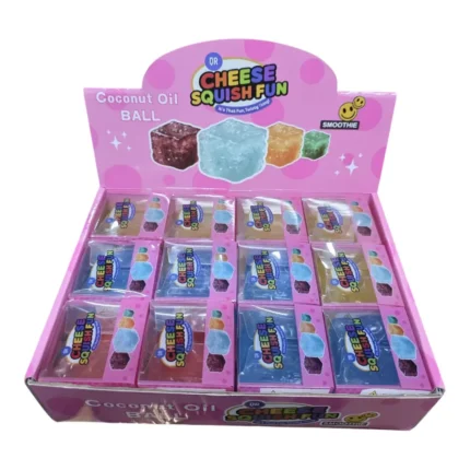 Viral Cheese Cube Squishy Toy – colourful, textured novelty cubes supplied in a 12-piece display box.