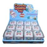 Crunchy Dice Squishy Toy with red and blue spots, 4.5 x 4.5 cm, 12 pieces per box, SDMAX Toys Wholesaler.