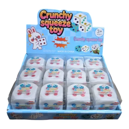 Crunchy Dice Squishy Toy with red and blue spots, 4.5 x 4.5 cm, 12 pieces per box, SDMAX Toys Wholesaler.