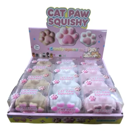 Buy Crunchy Cat Paw Squishy Toys wholesale from SDMAX Toys Wholesaler. Cute 7x6cm paw designs, assorted colours and 12-piece display boxes for retailers.