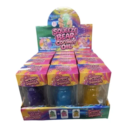 Buy Squish Crush Bear Coconut Oil Squishy Toys wholesale from SDMAX. Glittery bear design, 14 × 6 cm, 12 pieces per box. Ideal for retailers and resellers.