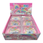 Rainbow Crispy Squishy Toy in pastel pink, yellow and blue, individually wrapped, with wholesale display box of 12 pieces.