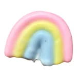 Rainbow Crispy Squishy Toy in pastel pink, yellow and blue, individually wrapped, with wholesale display box of 12 pieces.