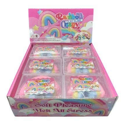 Rainbow Crispy Squishy Toy in pastel pink, yellow and blue, individually wrapped, with wholesale display box of 12 pieces.