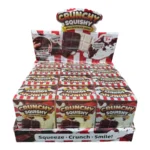 Crispy milk chocolate squishy toys in brown and cream chocolate-bar designs, displayed with wholesale retail boxes of 12 pieces.