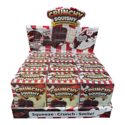 Crispy milk chocolate squishy toys in brown and cream chocolate-bar designs, displayed with wholesale retail boxes of 12 pieces.