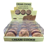 Crunchy Cream Cookie Squishy Toy featuring a golden cookie with chocolate chip details, individual clear packaging and a 12-piece wholesale display box from SDMAX Toys Wholesaler.