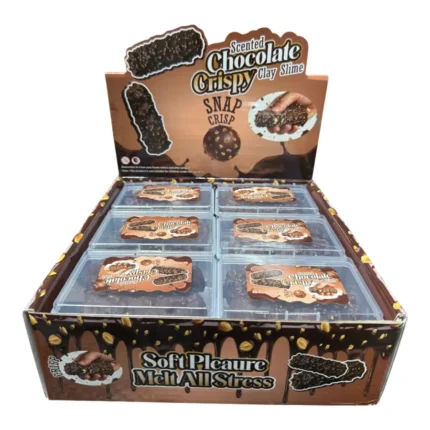 Dual scented chocolate crispy squishy toys in clear plastic cases, chocolate and vanilla scent theme, 12 per box, approximately 8x3cm, £2.75 each, from SDMAX Toys Wholesaler.