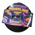 Halloween Mystery Dumpling Squishy Toy featuring an orange glitter pumpkin face, colourful mystery toy display box, 8.5cm size and £2.99 each wholesale price from SDMAX Toys Wholesaler.