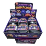 Halloween Mystery Dumpling Squishy Toy featuring an orange glitter pumpkin face, colourful mystery toy display box, 8.5cm size and £2.99 each wholesale price from SDMAX Toys Wholesaler.