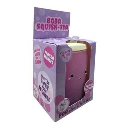 Boba Squish-Tea pink and purple vanilla scented squishy toy with smiling bubble tea design, retail packaging and wholesale box of 12 from SDMAX Toys Wholesaler.