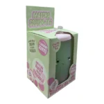 Green Matcha Squish-Tea strawberry scented squishy toy with pink lid, smiling face, retail packaging and wholesale box of 12 from SDMAX Toys Wholesaler.