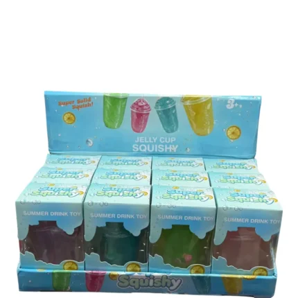 Jelly Cup Summer Drink Squishy Toy wholesale display box with colourful glittery cup-shaped squeeze toys, 12 pieces per box, £3.50 each, from SDMAX Toys Wholesaler.