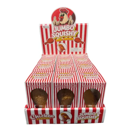 Jumbo fried chicken drumstick squishy toy in golden orange with a bumpy crispy-style texture, retail display box of 12, £2.99 each, SDMAX Toys Wholesaler.