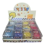Slush Crush Cheese Cube Squishy Toy with a translucent glittery finish, blue and assorted colours, 6cm, individual display packaging and 12 pieces per wholesale box.