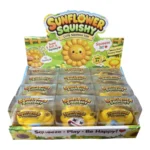 Yellow Crunchy Funny Sunflower Squishy Toy with a funny cartoon face and 12-piece wholesale display box