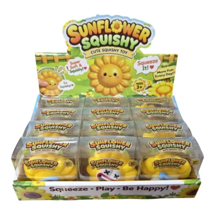 Yellow Crunchy Funny Sunflower Squishy Toy with a funny cartoon face and 12-piece wholesale display box