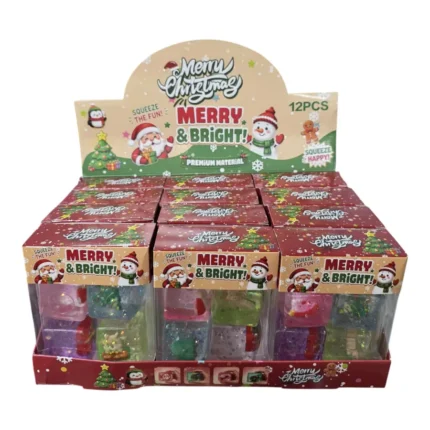 Christmas Glitter Jelly Sugar Maltose Cube Squishy Toys in assorted colours with glitter, Christmas display boxes, £3.25 each and 12 pieces per box from SDMAX Toys Wholesaler.