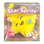 Crunchy Star Sprite squishy toys in yellow and white with green and pink variants shown in a 12-piece wholesale display box, 7 × 6 cm, from SDMAX Toys Wholesaler.