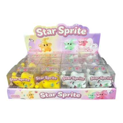 Crunchy Star Sprite squishy toys in yellow and white with green and pink variants shown in a 12-piece wholesale display box, 7 × 6 cm, from SDMAX Toys Wholesaler.